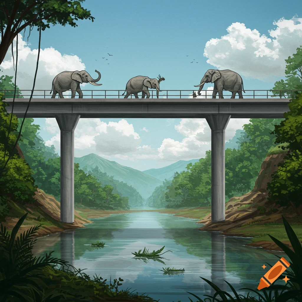 Three elephants walking across a bridge over a river in a lush forest landscape.