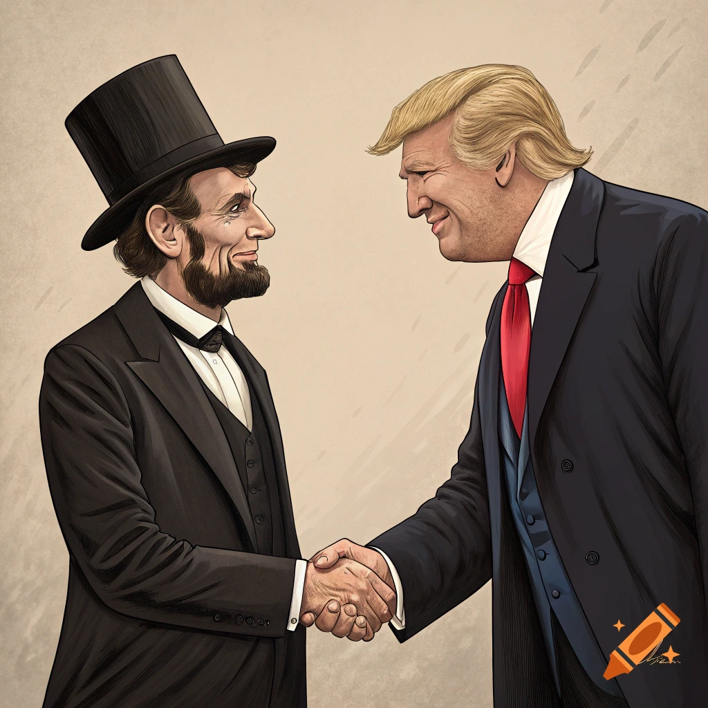 Illustration of Abraham Lincoln and Donald Trump shaking hands.