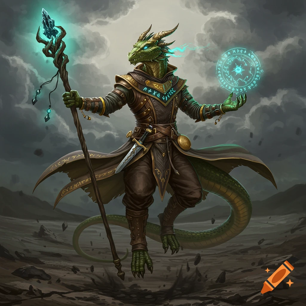 A green Dragonborn sorcerer in leather armor and cloak, holding a magical staff and casting a spell.