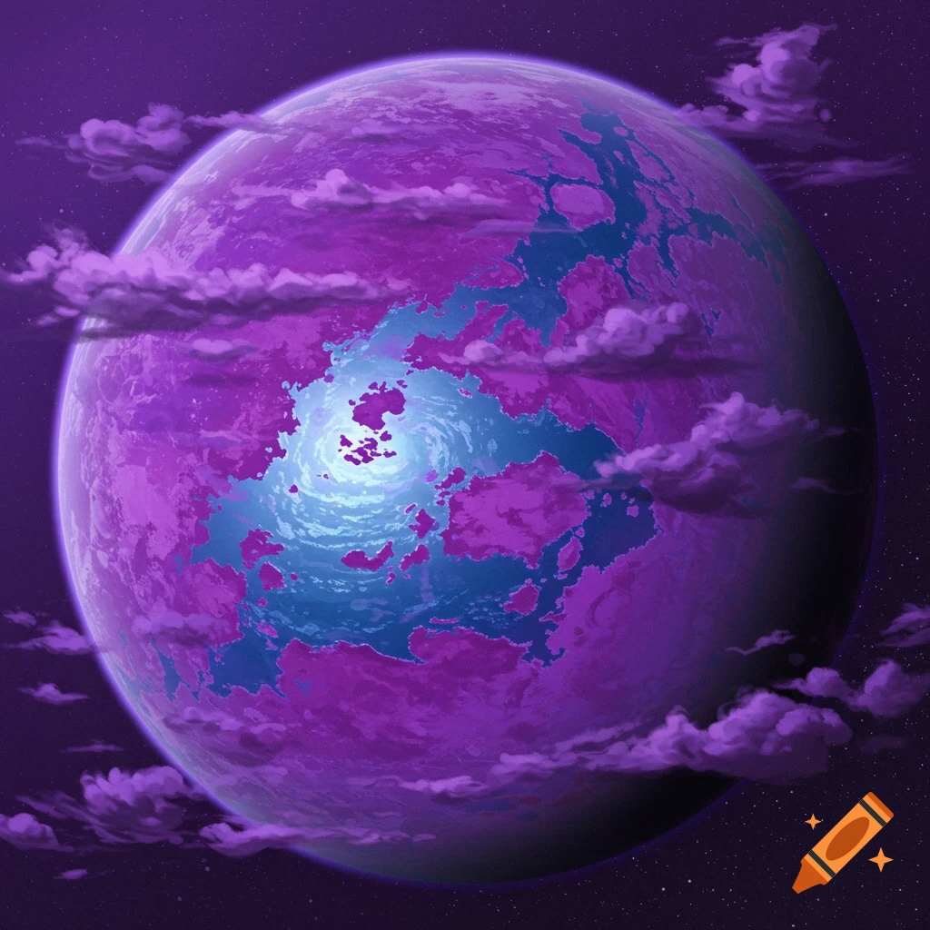 A purple planet with blue water, purple clouds, and stars in the background.