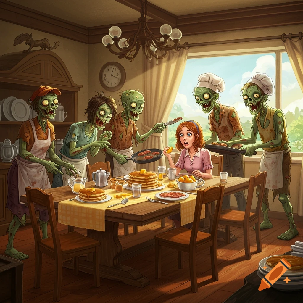 Cartoon illustration of zombies serving breakfast to a shocked woman at a dining table.