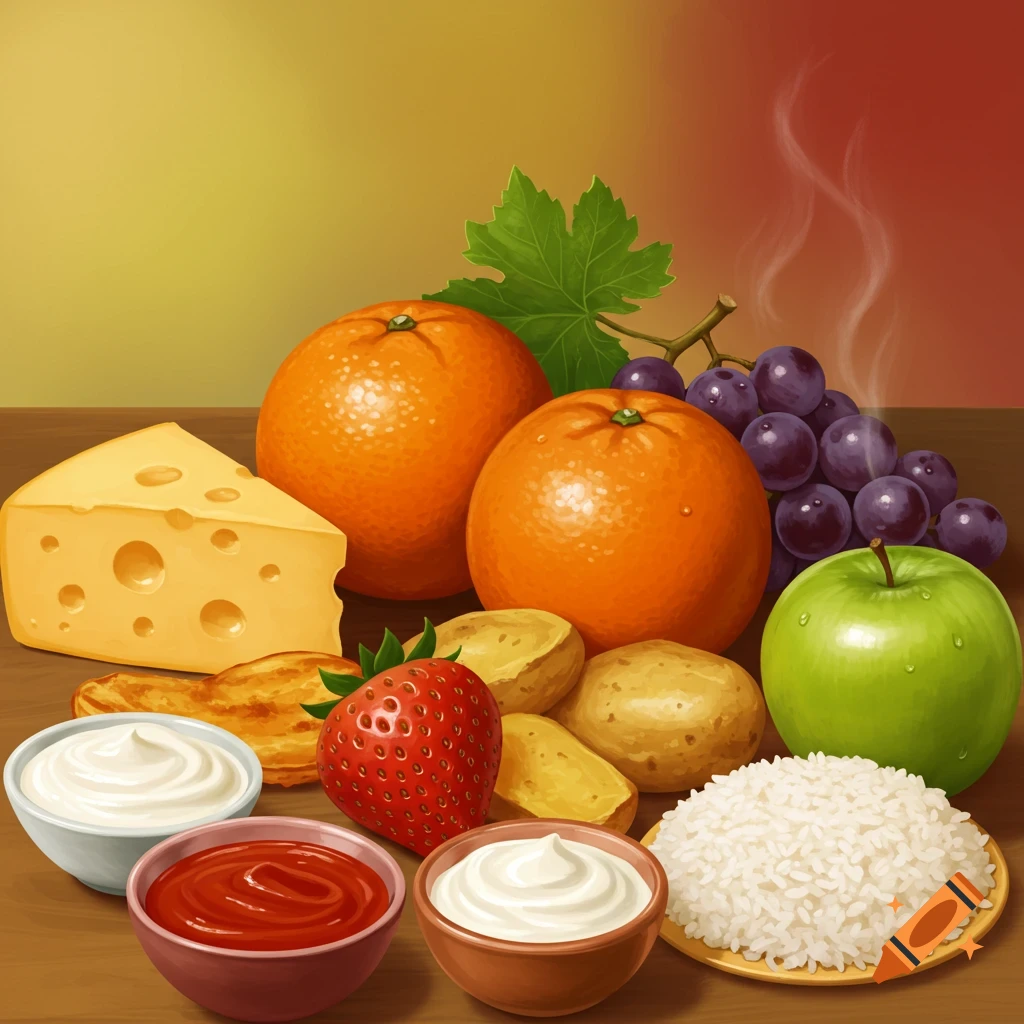 A still life featuring cheese, fruits, vegetables, rice, and sauces.