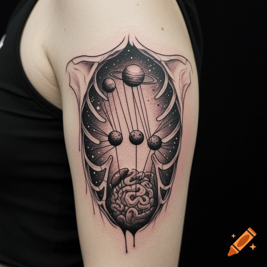 Black and white tattoo of a ribcage opening to reveal planets and a brain inside.