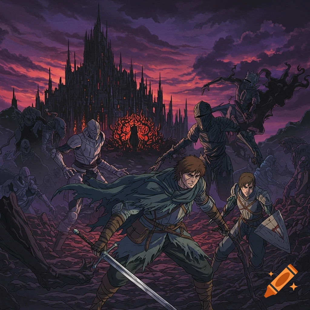 90s anime style illustration of knights and fantasy characters in a dark landscape before a castle.