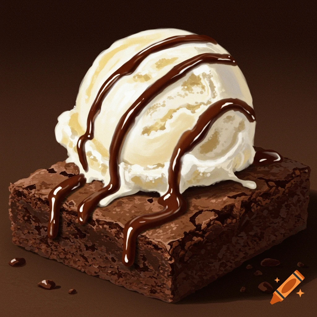 A brownie topped with vanilla ice cream and chocolate sauce.