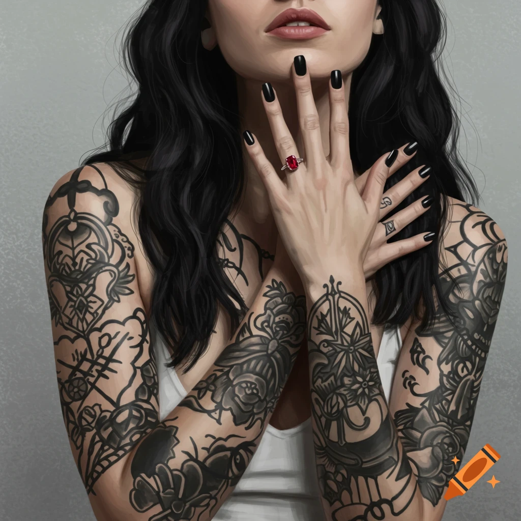 A woman with black hair, extensive tattoos, black nail polish, and a ruby ring.