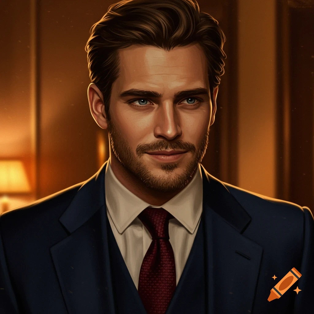Portrait of a handsome man in a navy suit and red tie.