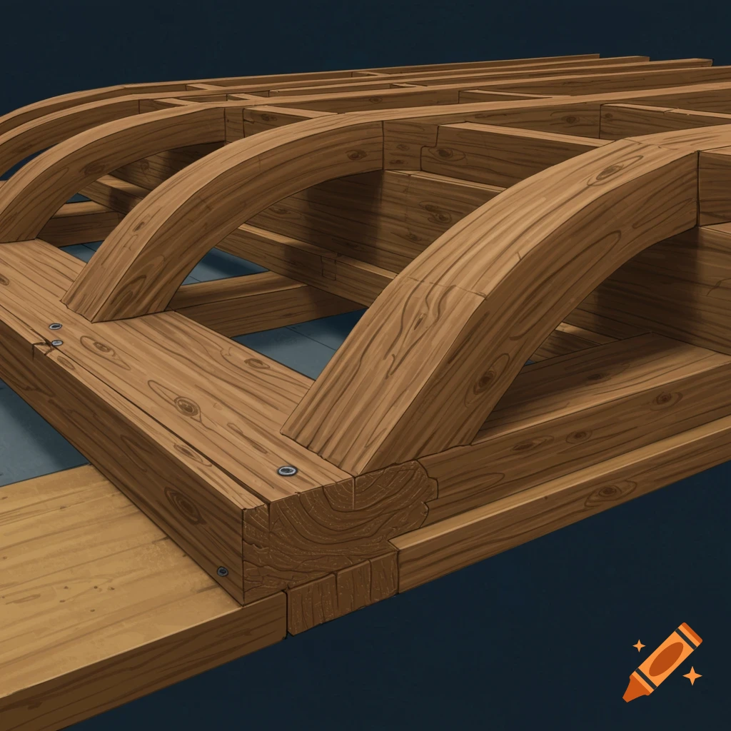 Wooden beams and arches forming a structure