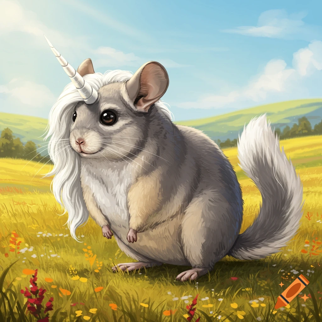 A chinchilla with a unicorn horn and mane sitting in a field.