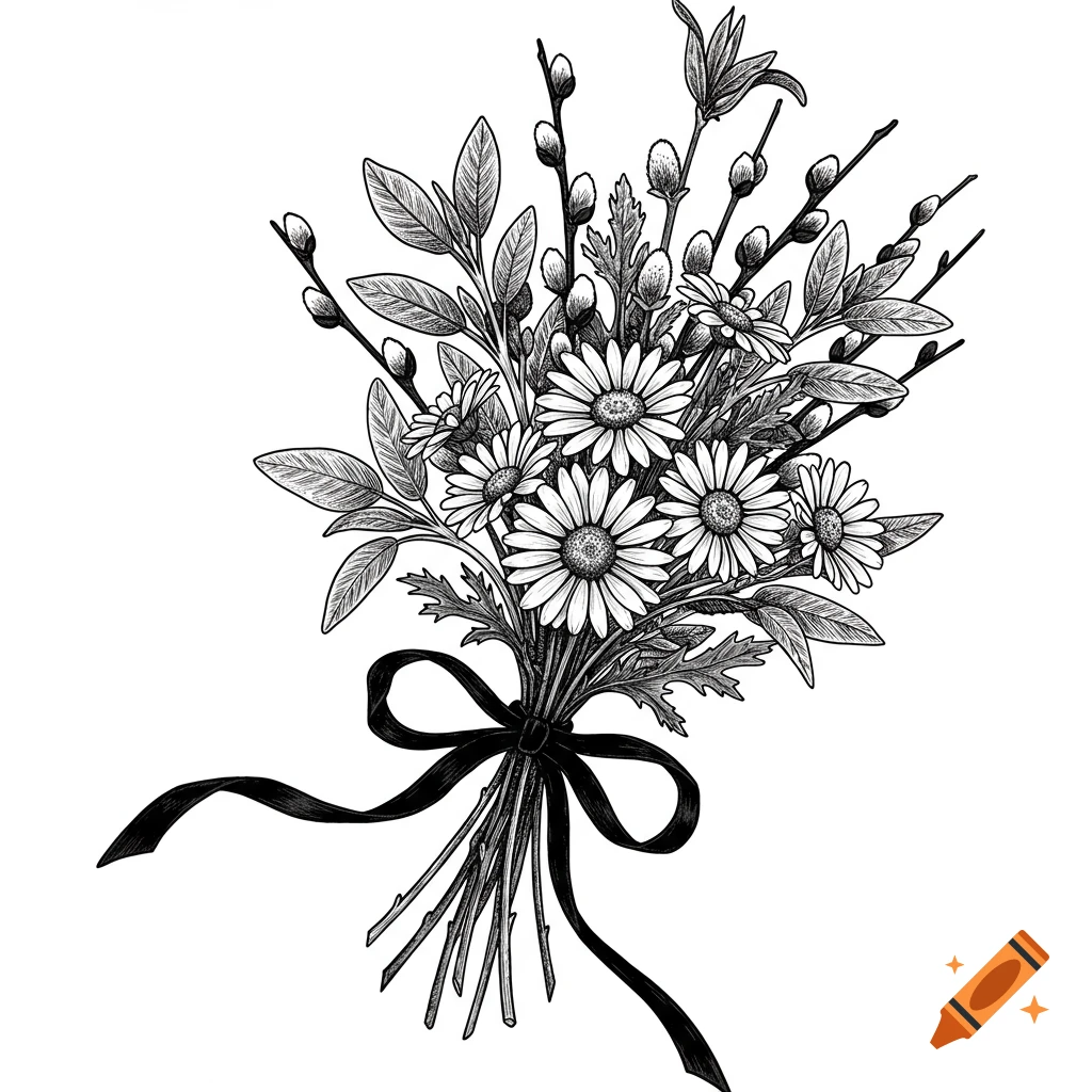 Black and white sketch of a bouquet of daisies, willow branches, and leaves tied with a ribbon.