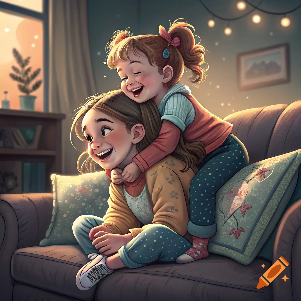 Younger sister rides on older sister's back as they laugh on a couch. Illustrated style.