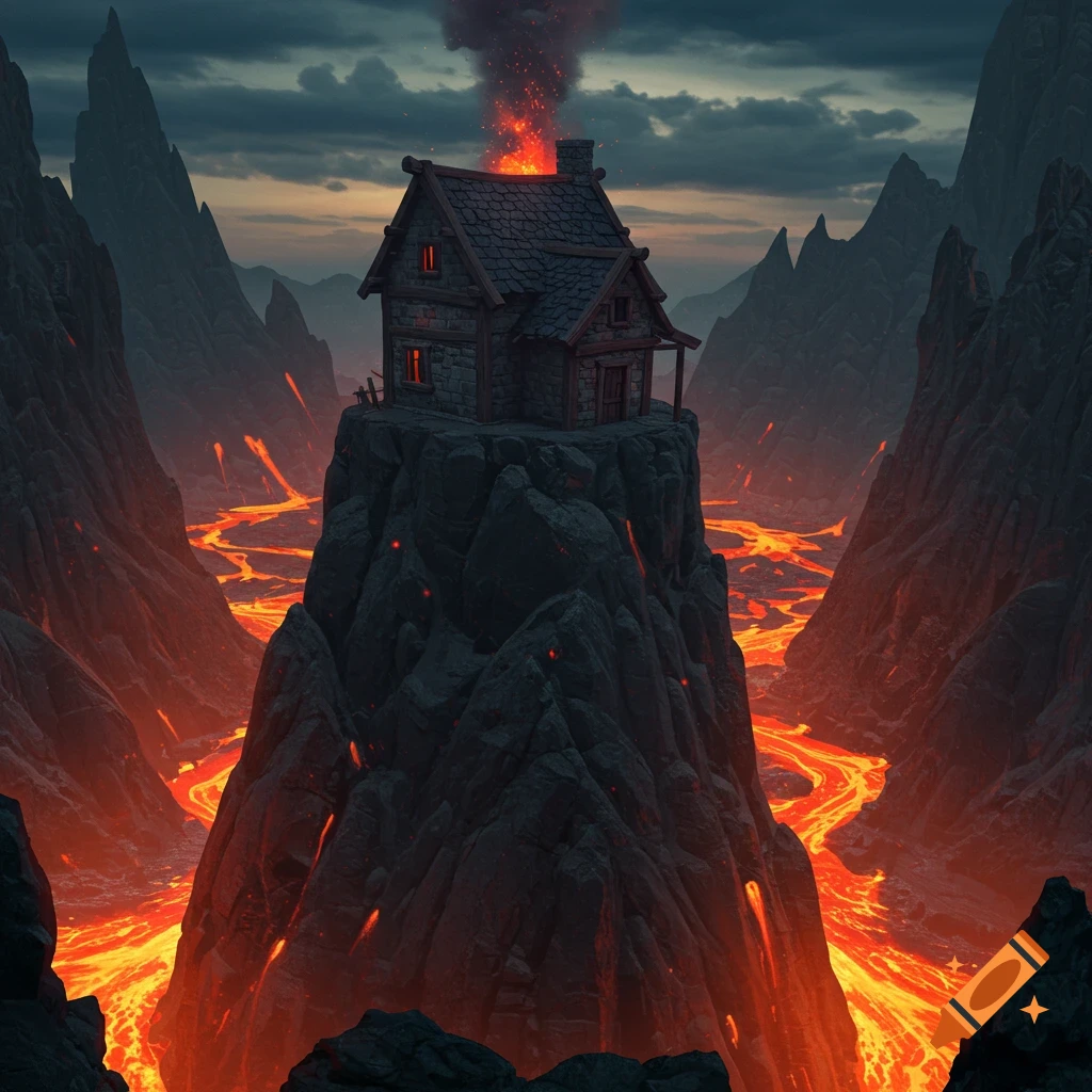 A house sits atop a rocky mountain surrounded by flowing lava under a dark, cloudy sky.
