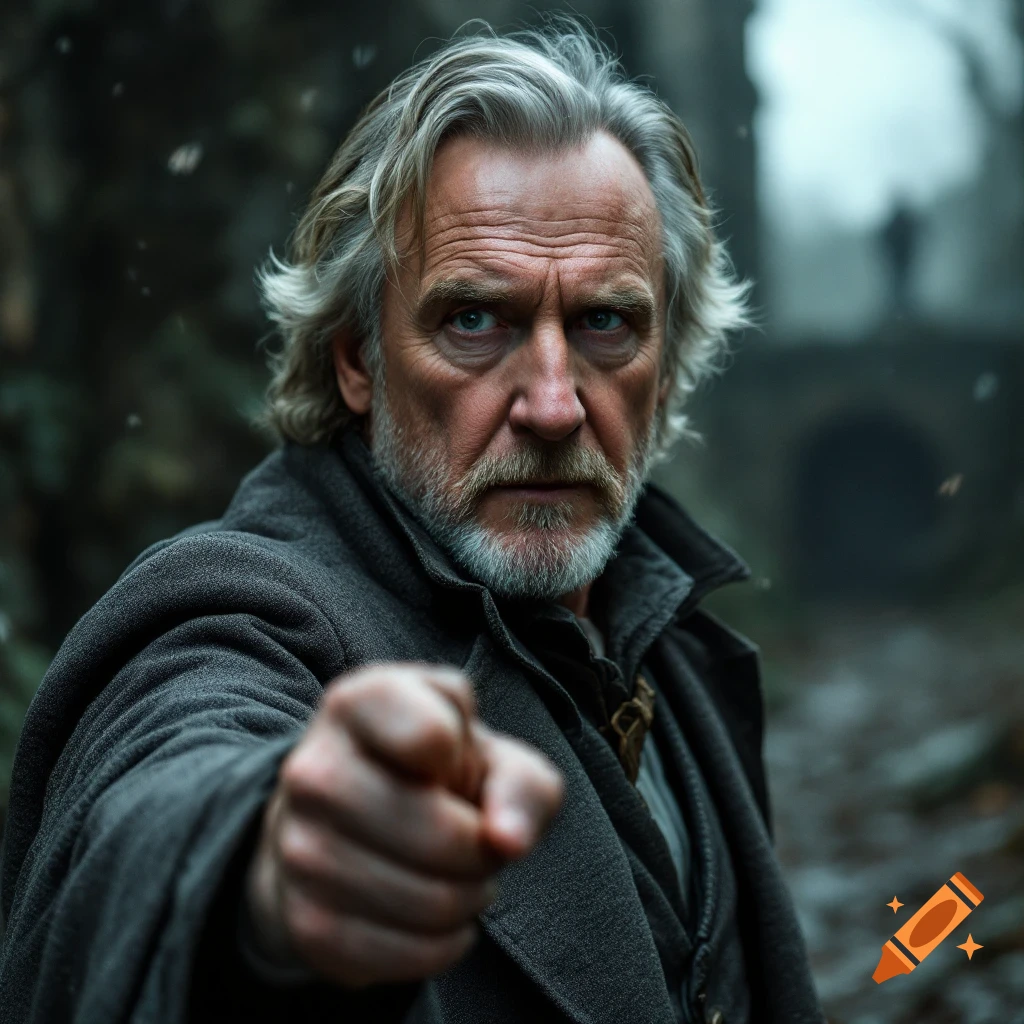 A stern man with gray hair and beard in a coat points at the viewer in a dark, misty outdoor setting. Photorealistic fantasy portrait.