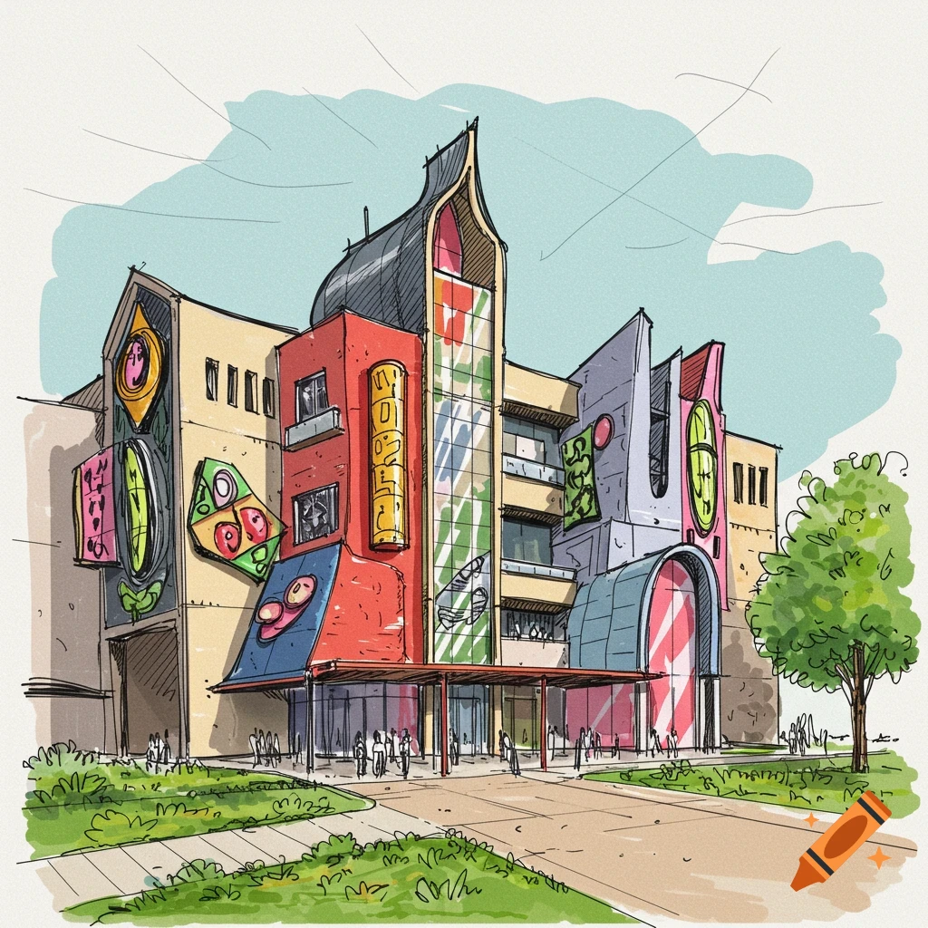 Rough sketch of a colorful museum building.