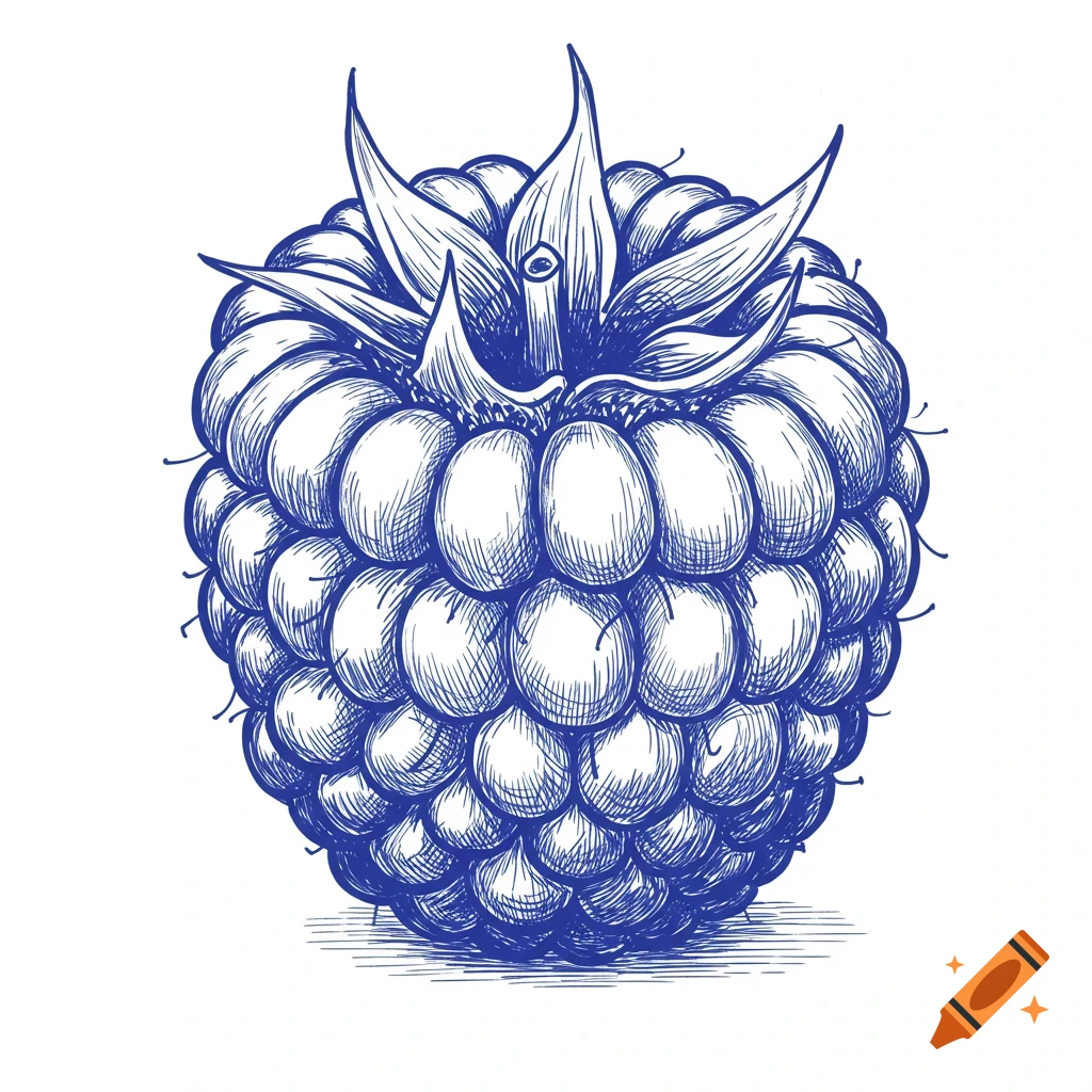 Blue line art illustration of a raspberry.