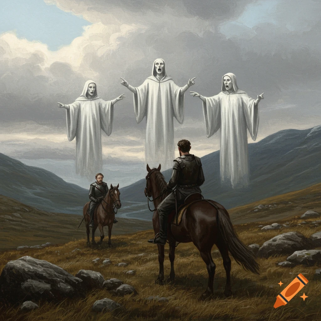 Two knights on horseback look up at three robed figures floating in the sky over a rocky landscape.
