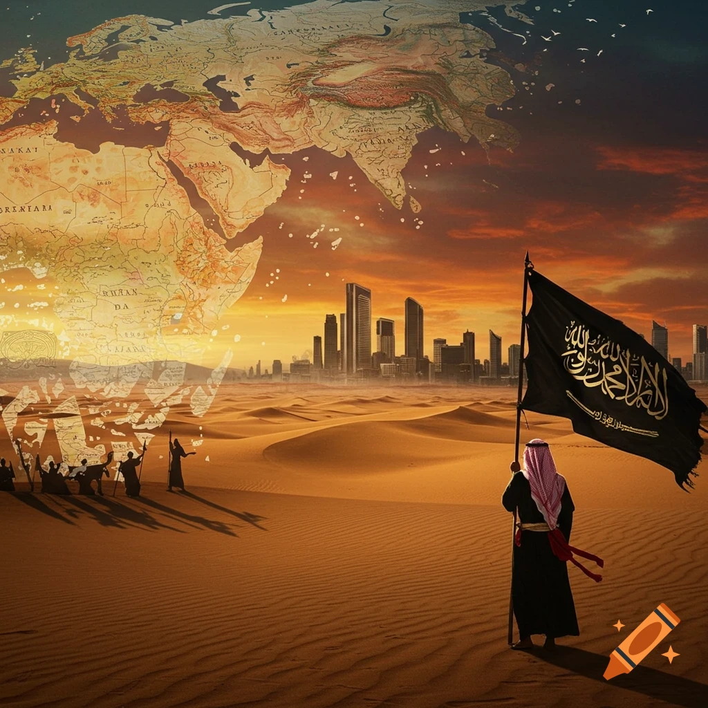A person holding a flag in a desert foreground, with dissolving map and modern city skyline behind under a sunset.