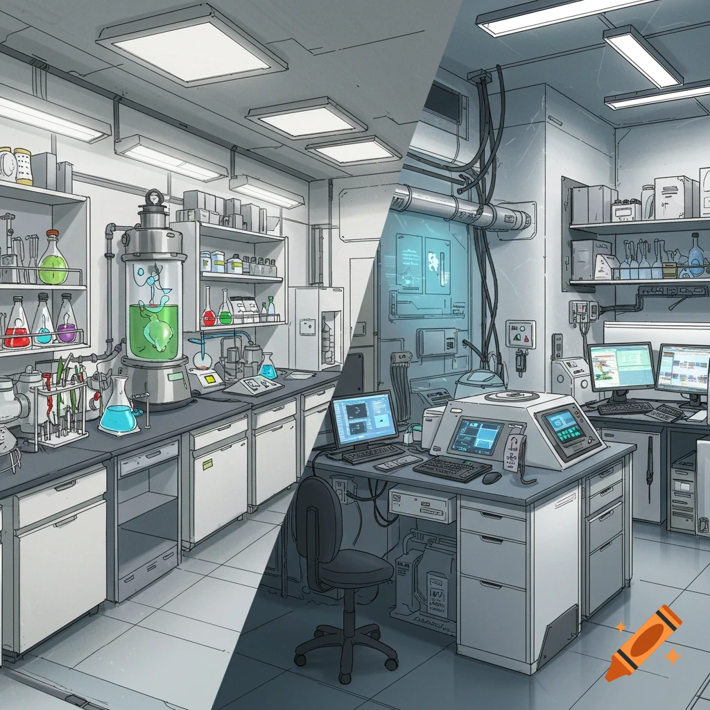 Two contrasting laboratory scenes, one side brighter and more chemical-focused, the other darker and technology-focused with computers.