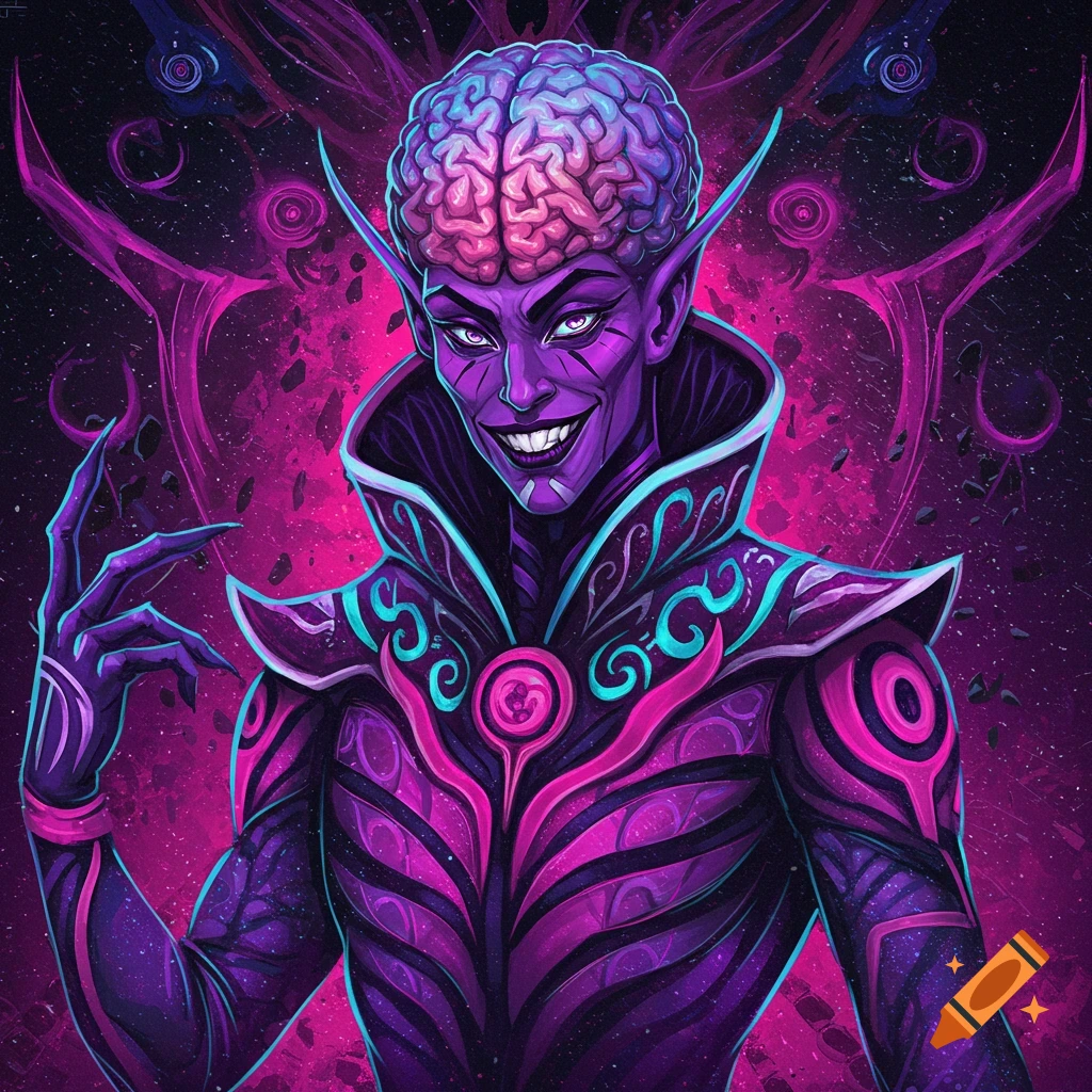 A purple alien-like character with a visible brain and ornate armor.