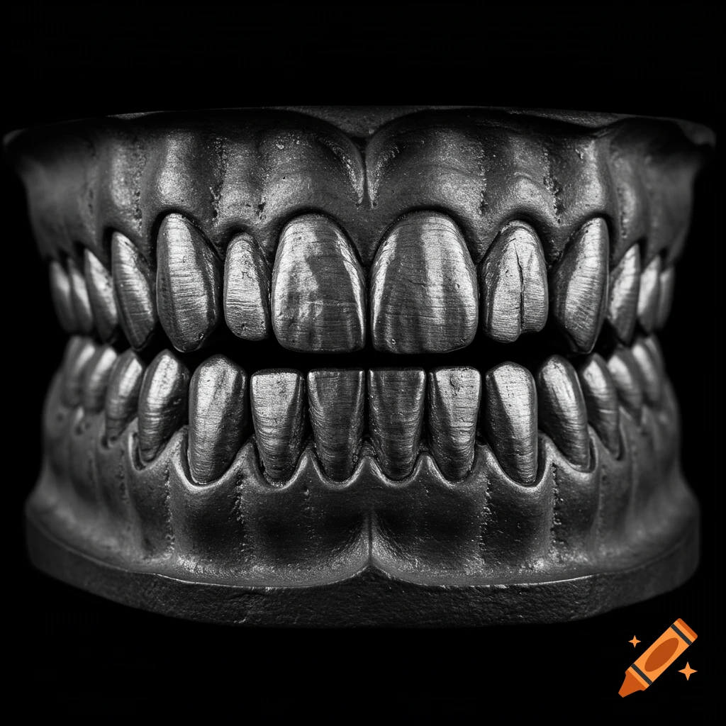 Close-up black and white photo of teeth made of lead.