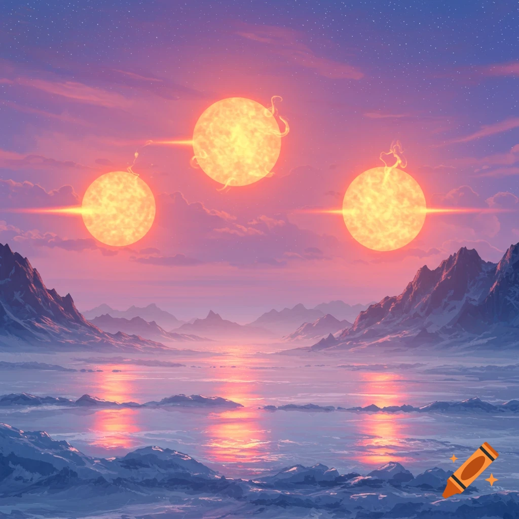 A frosty landscape with mountains and water under a twilight sky with three suns.