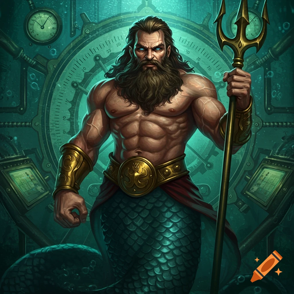 A muscular man with a beard and fish tail holds a trident in front of steampunk gauges. Digital art.