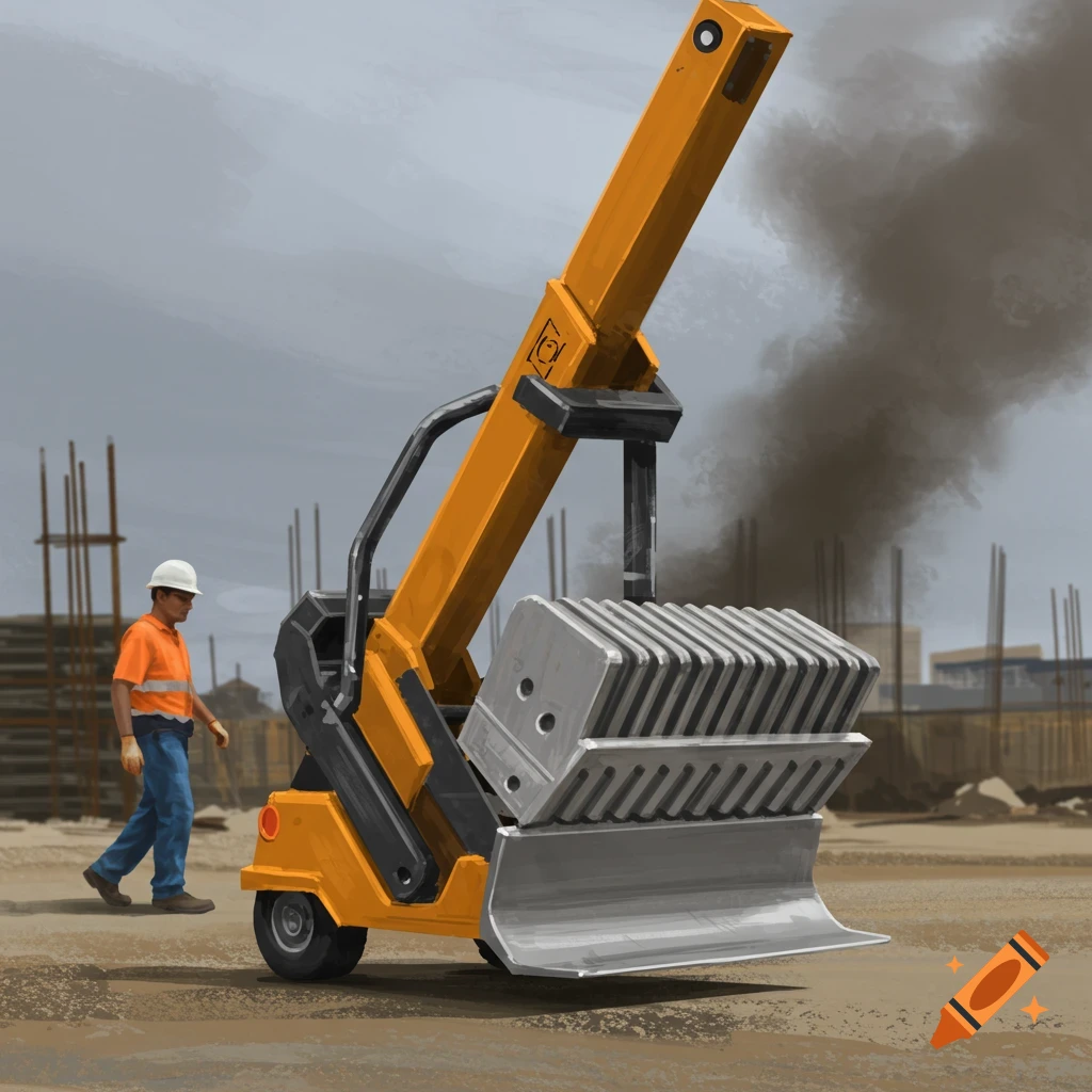A construction worker walking near a strange yellow hip loader on a dusty construction site.