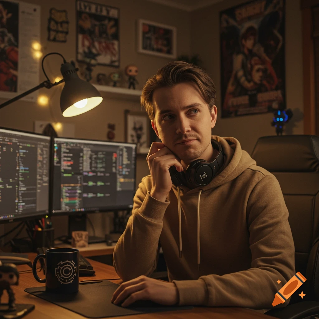 A person sits at a desk with dual monitors in a cozy tech room, wearing headphones and a hoodie.