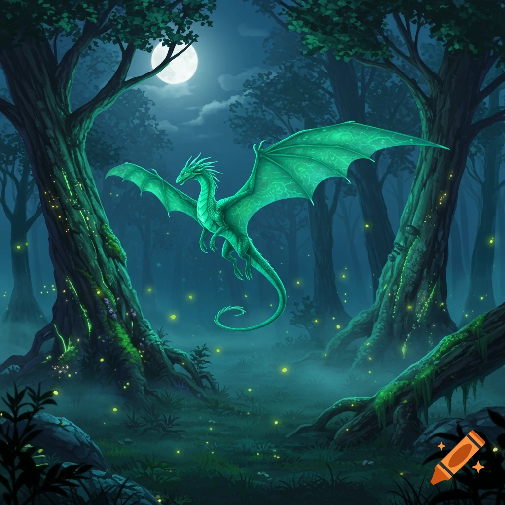 A green dragon soars through a misty moonlit fantasy forest filled with fireflies.