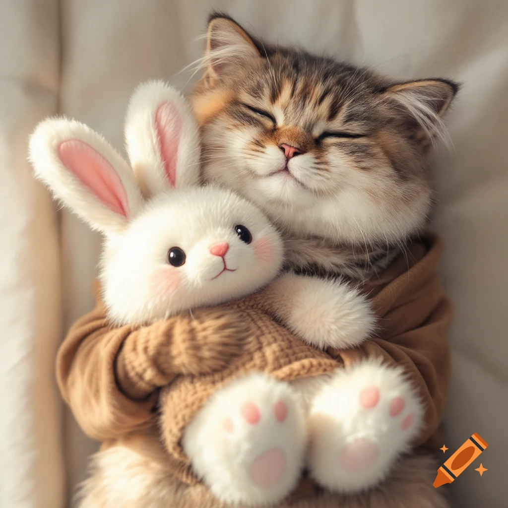 A fluffy tabby cat hugs a white rabbit plush toy.