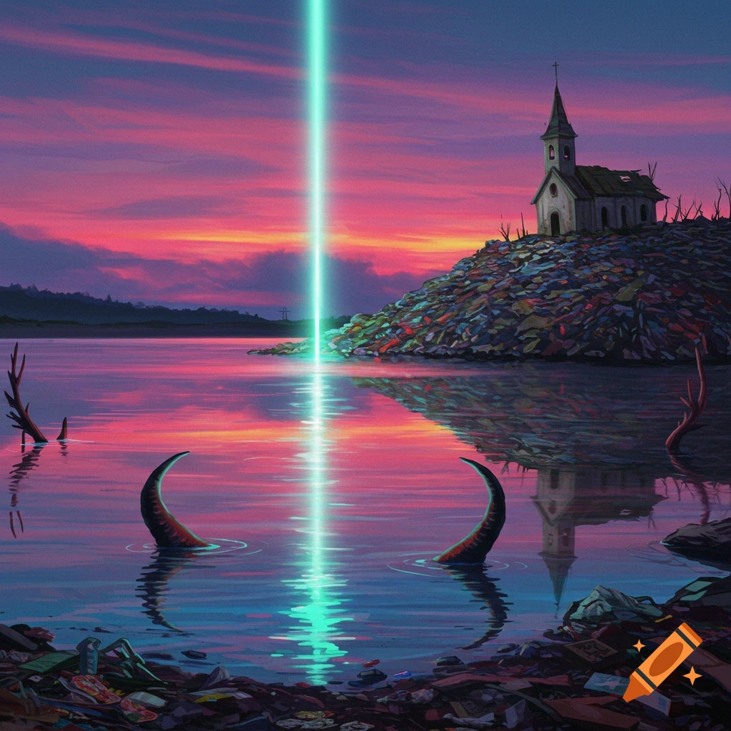 A surreal landscape featuring a church perched on a trash pile, tentacles emerging from the water, and a beam of light descending from the sky at sunset.
