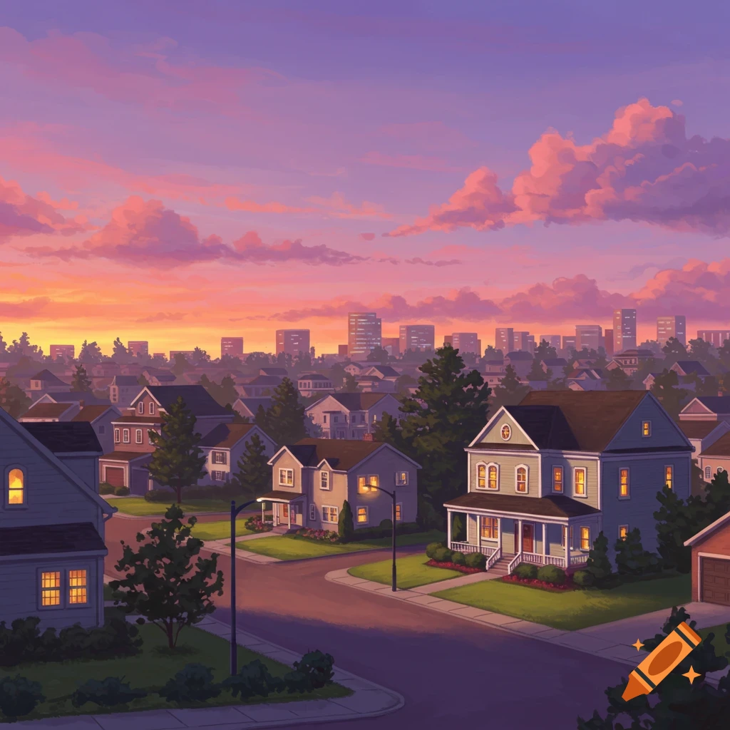A suburban street at sunset with a city skyline in the background.