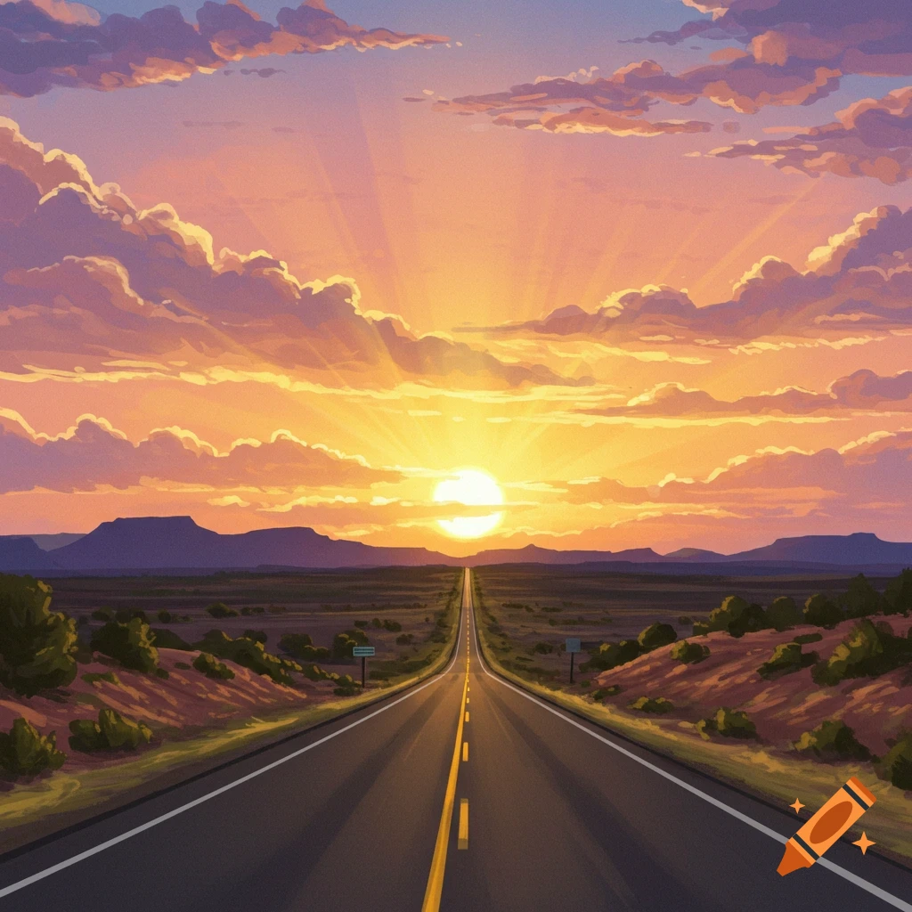 A long highway stretching into a bright sunset over mountains.