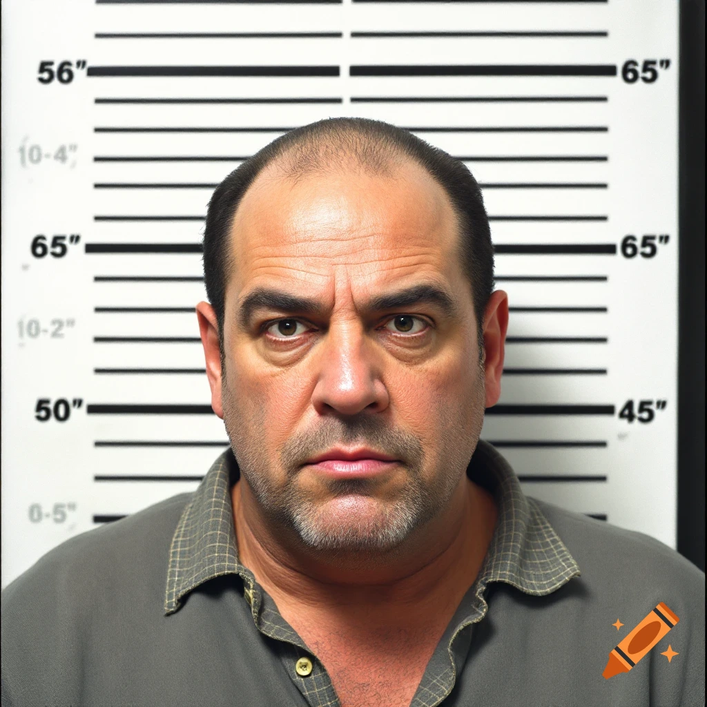 Portrait of a stern-looking man in a mugshot against a height chart background.