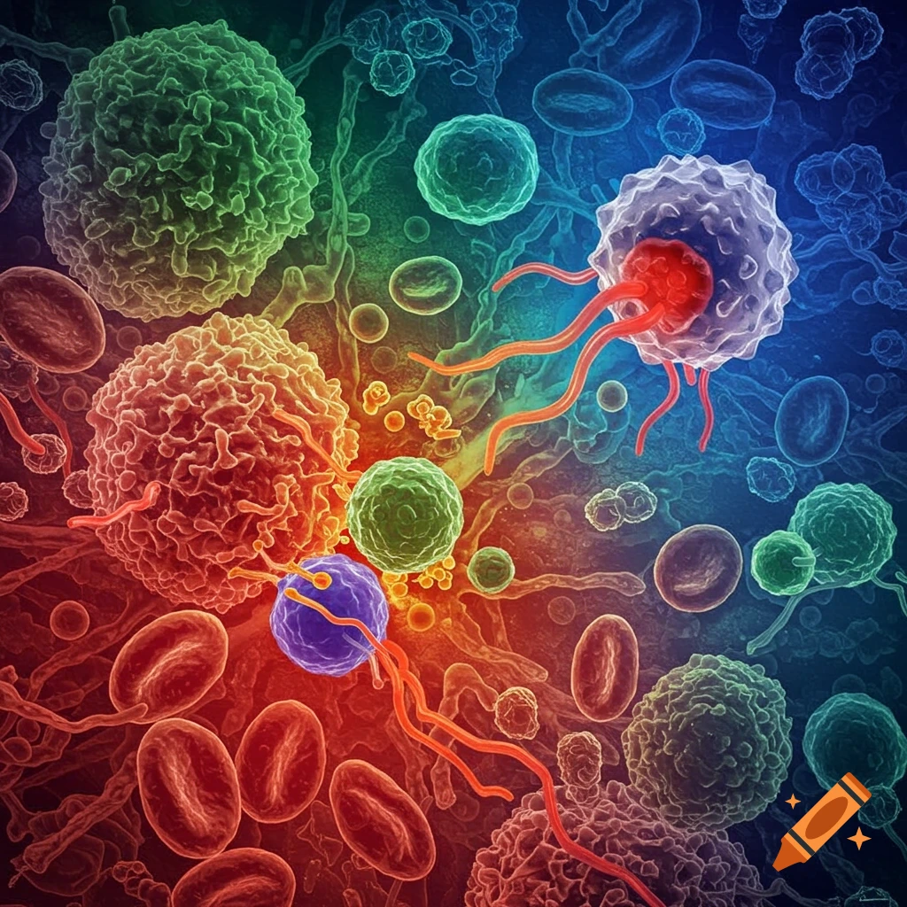 Various cells including red and white blood cells in a microscopic view.