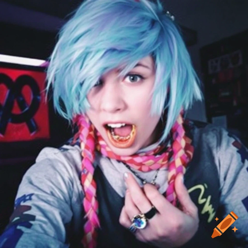 A young person with blue hair and a gold grill smiles at the camera.