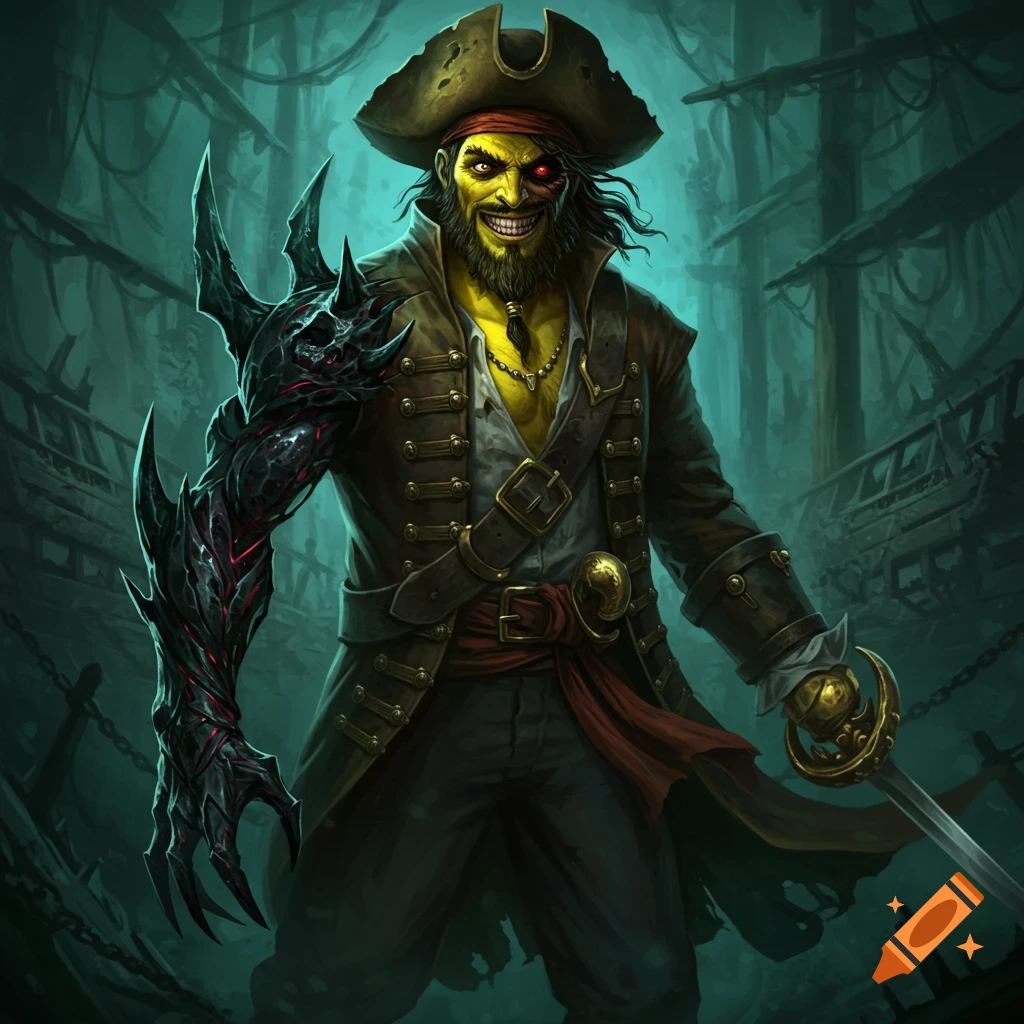 A scary, stylized fantasy pirate with yellow skin and a monstrous spike arm stands amidst the ruins of ships in a dark, atmospheric setting.