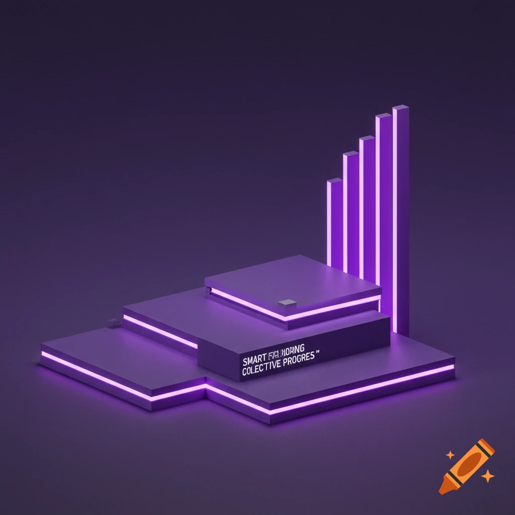 3D abstract purple platform with glowing neon lines and vertical bars. Text reads "SMART...COLECTIVE PROGRES".