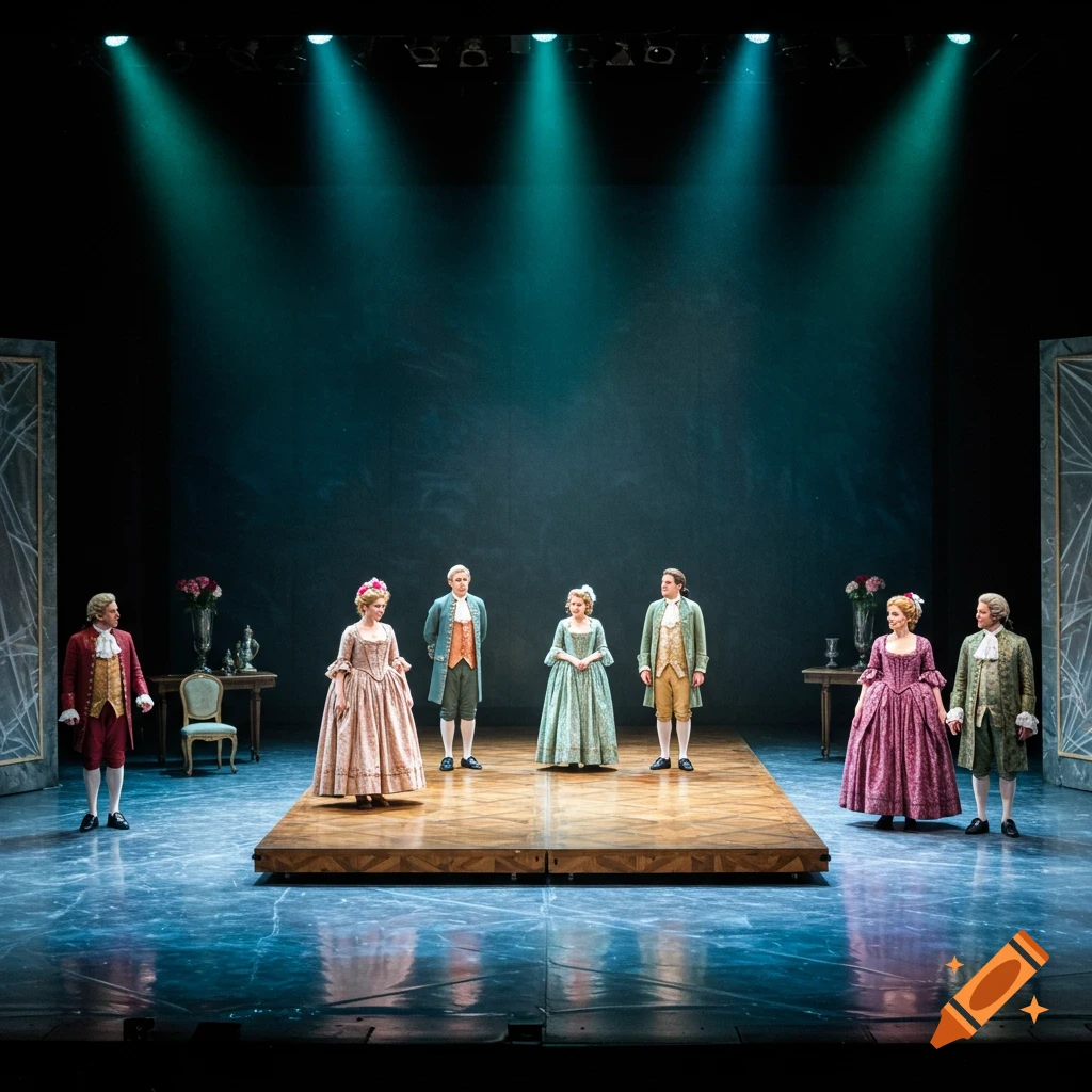 Stage play with actors in Rococo costumes on a modern stage lit by spotlights.