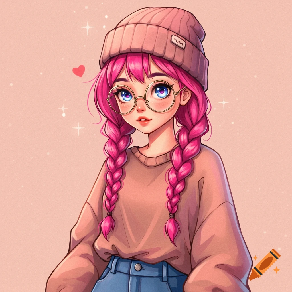 Anime girl with pink braided hair, wearing a pink beanie and glasses.