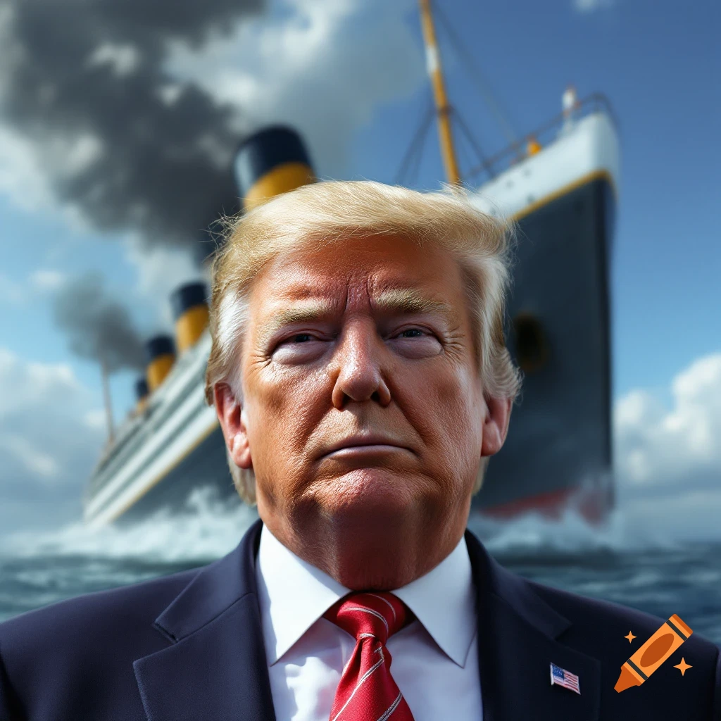 Donald Trump stands in front of the sinking Titanic ship