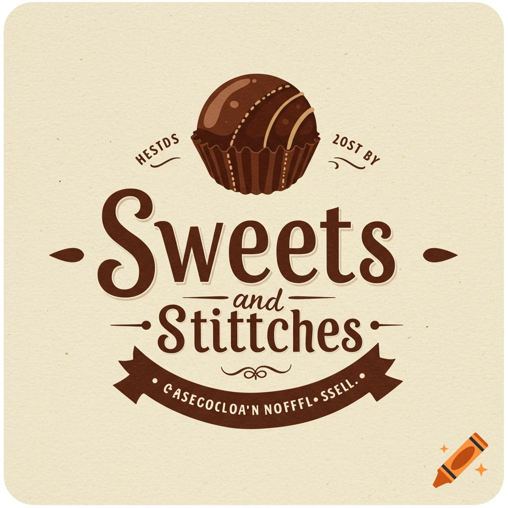 Logo for Sweets and Stitches with a chocolate truffle and decorative text.