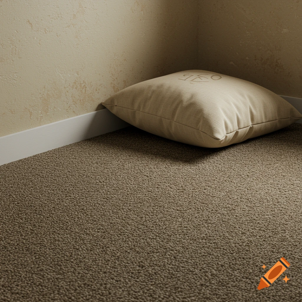 Close-up of a beige carpet floor and wall corner with a beige pillow.