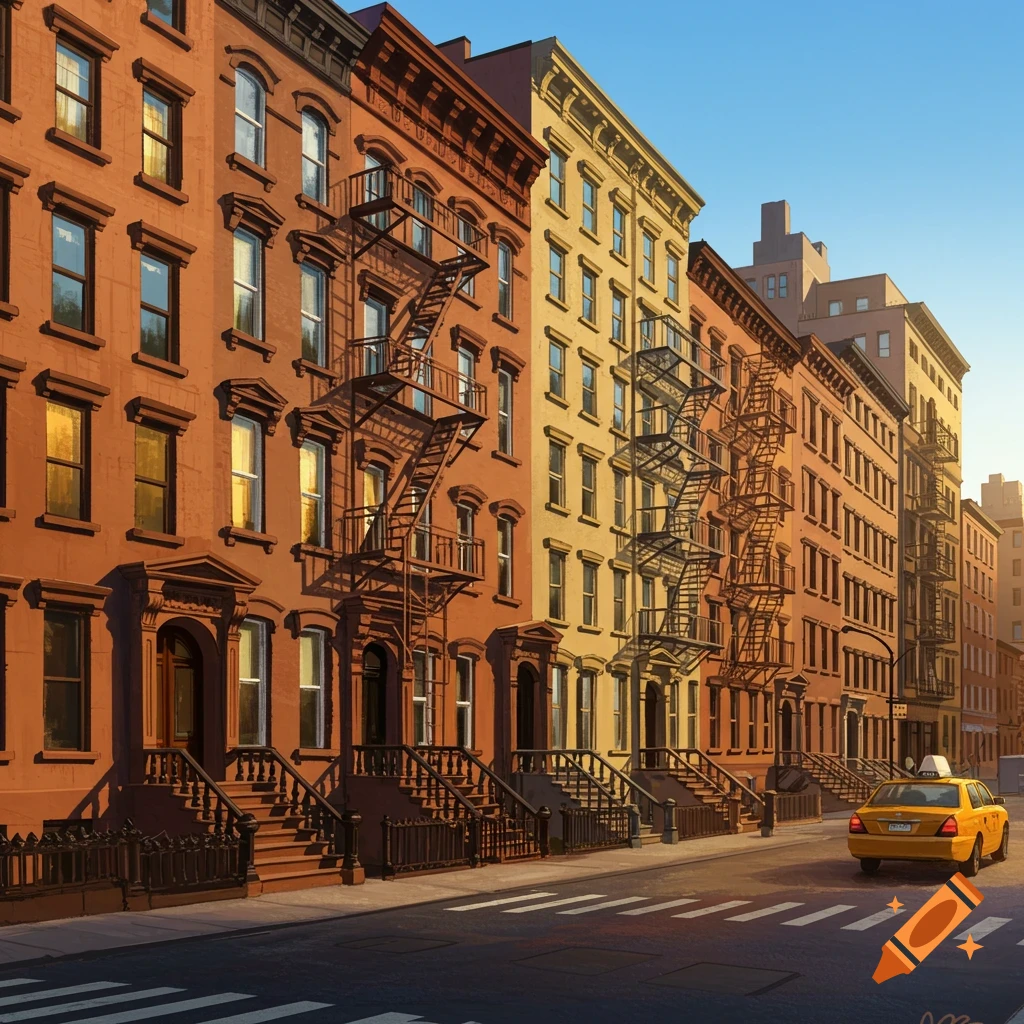 New York brownstones and a yellow taxi on a street.