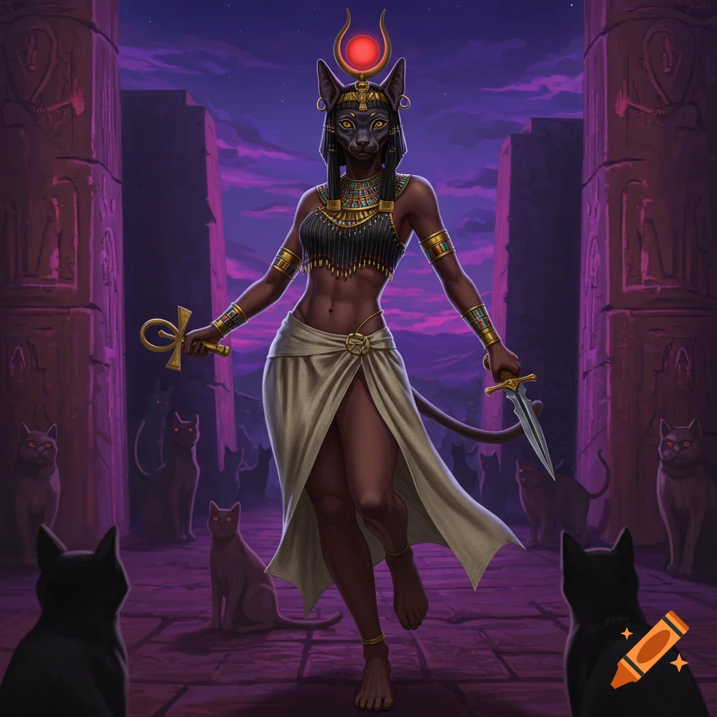 An Egyptian cat goddess holding an ankh and dagger, surrounded by cats in temple ruins.