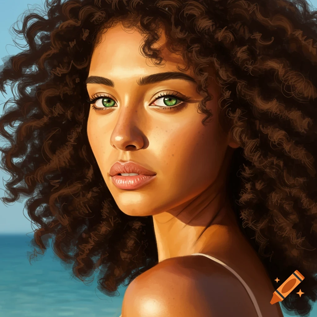 A woman with curly hair and green eyes stands on a beach.