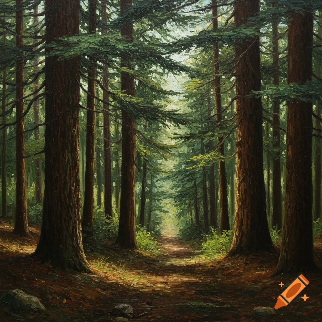 A path winding through a dense forest with tall trees, in an oil painting style.