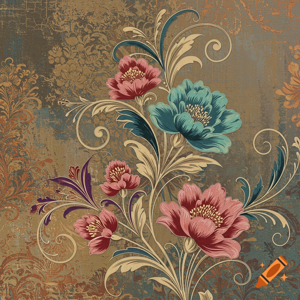 A vintage floral pattern with pink and teal flowers on a distressed background