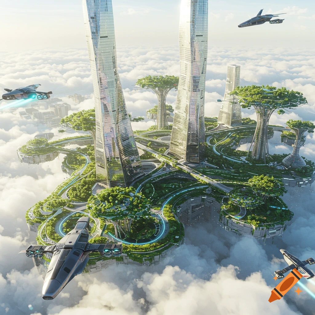 Futuristic floating city with tall skyscrapers, lush greenery, and flying vehicles above clouds.