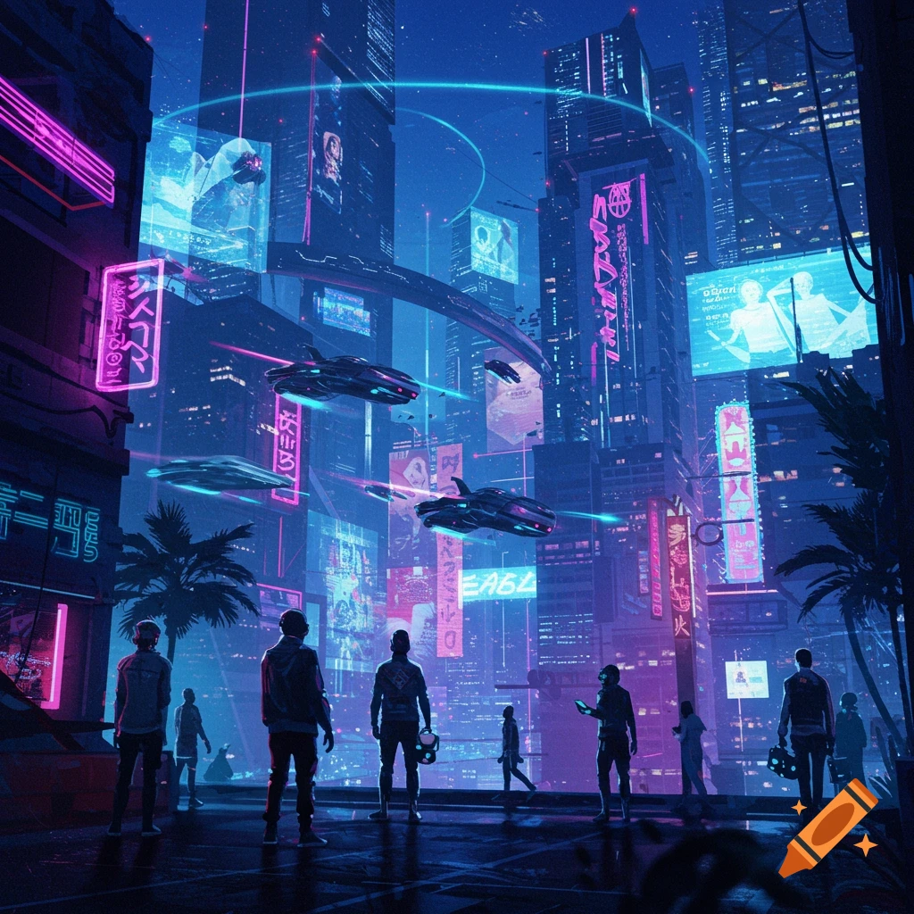 People looking at a futuristic city with flying vehicles and neon signs.